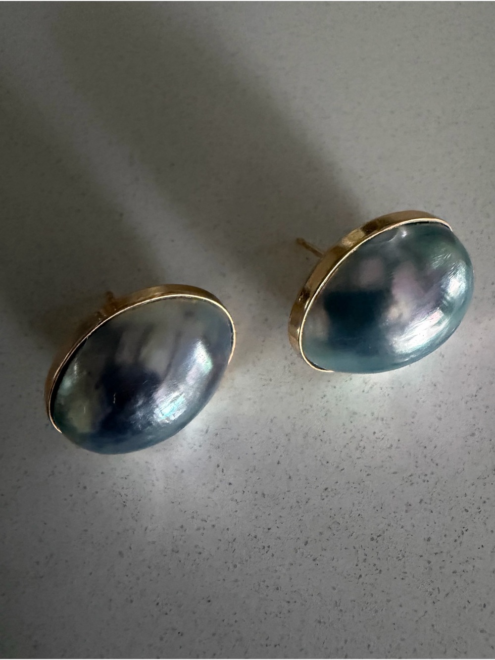 Vintage Blue Pearl Stud Earrings - 14K Gold
